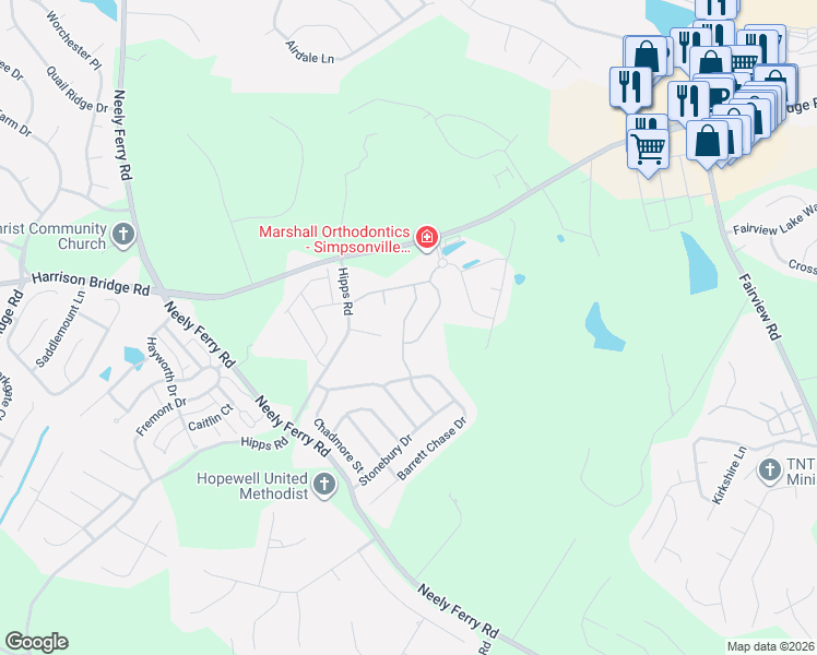 map of restaurants, bars, coffee shops, grocery stores, and more near 354 Belle Oak Drive in Simpsonville