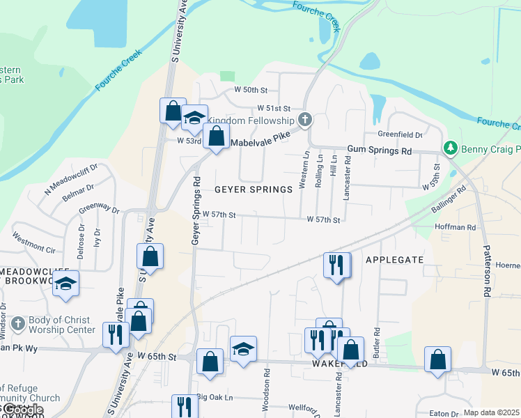 map of restaurants, bars, coffee shops, grocery stores, and more near 5600 West 57th Street in Little Rock