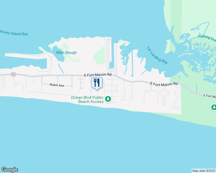 map of restaurants, bars, coffee shops, grocery stores, and more near 103 Barefoot Lane in Atlantic Beach