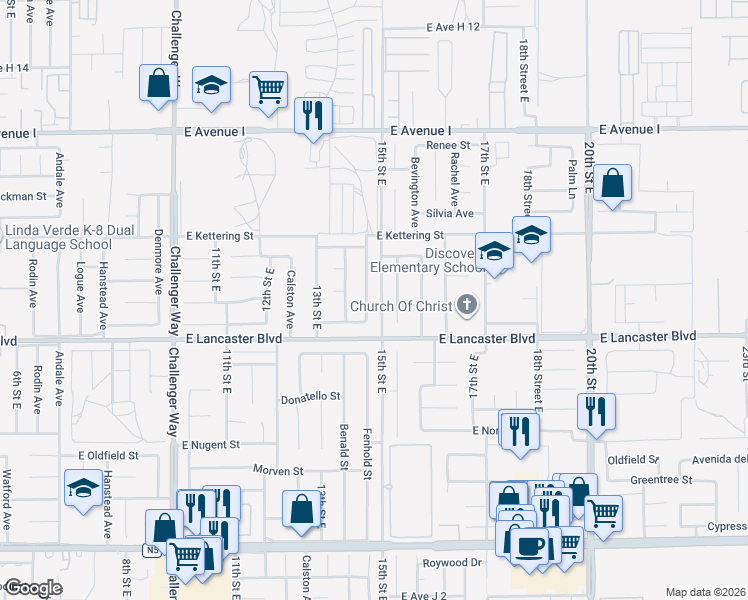 map of restaurants, bars, coffee shops, grocery stores, and more near 44828 Fenhold Street in Lancaster