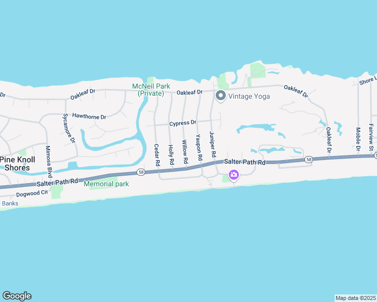 map of restaurants, bars, coffee shops, grocery stores, and more near 108 Willow Road in Pine Knoll Shores