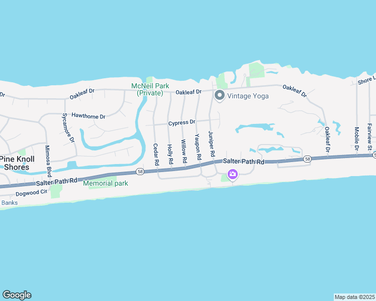 map of restaurants, bars, coffee shops, grocery stores, and more near 108 Willow Road in Pine Knoll Shores