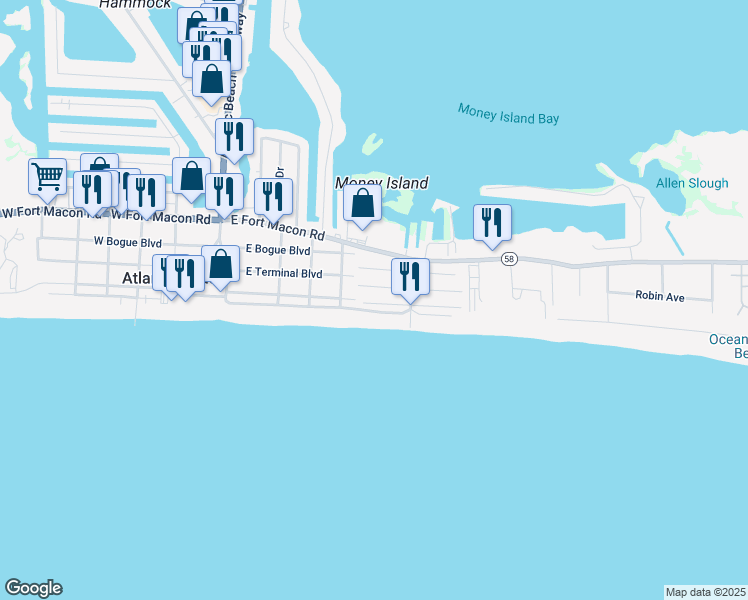 map of restaurants, bars, coffee shops, grocery stores, and more near 100-298 Caswell St in Atlantic Beach