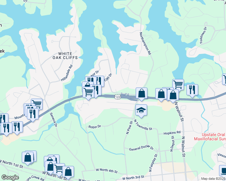 map of restaurants, bars, coffee shops, grocery stores, and more near 412 Hill Top Dr in Seneca