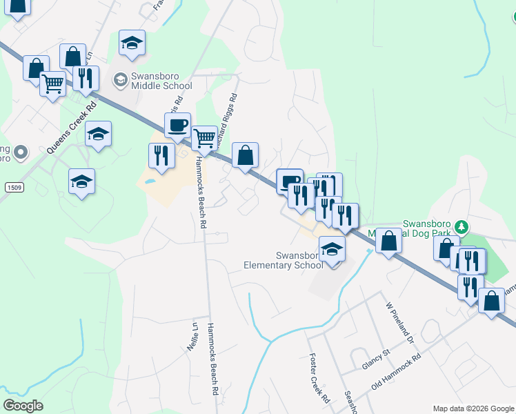 map of restaurants, bars, coffee shops, grocery stores, and more near 108 Phillips Loop Road in Swansboro