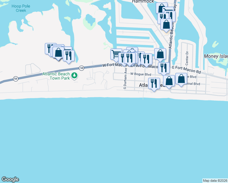 map of restaurants, bars, coffee shops, grocery stores, and more near 101 Ocean Ridge Drive in Atlantic Beach