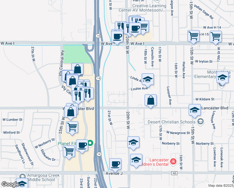 map of restaurants, bars, coffee shops, grocery stores, and more near 2060 Westwood Court in Lancaster