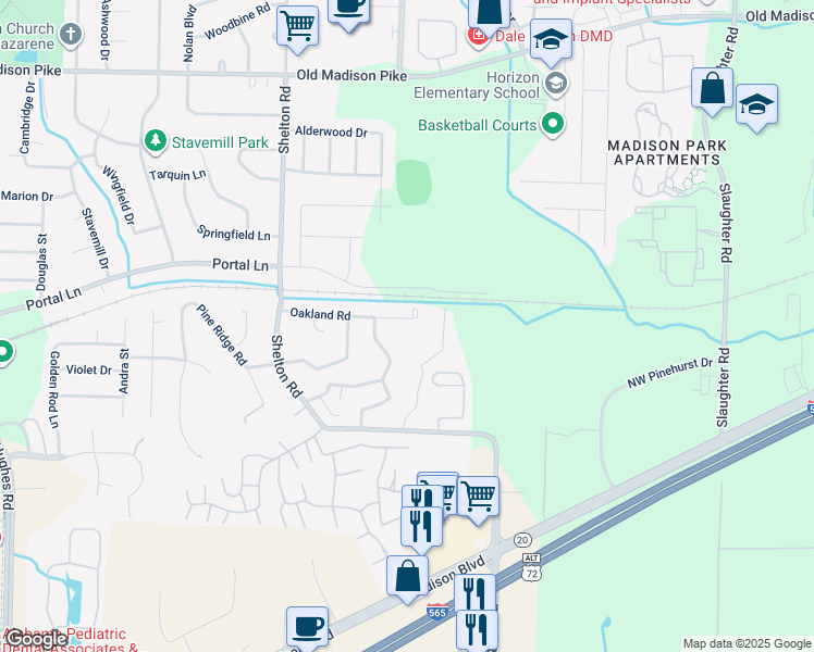 map of restaurants, bars, coffee shops, grocery stores, and more near 442 Oakland Road in Madison