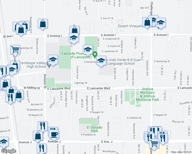 map of restaurants, bars, coffee shops, grocery stores, and more near 44853 5th Street East in Lancaster