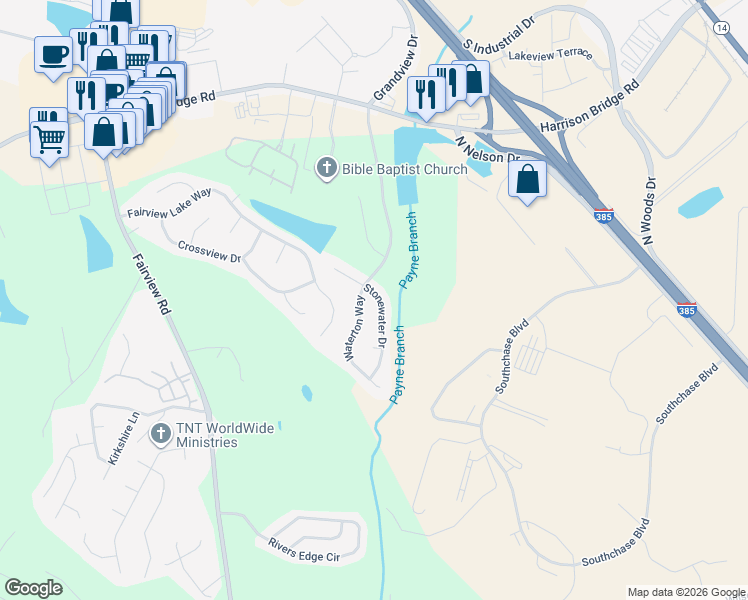 map of restaurants, bars, coffee shops, grocery stores, and more near 305 Waterton Way in Simpsonville