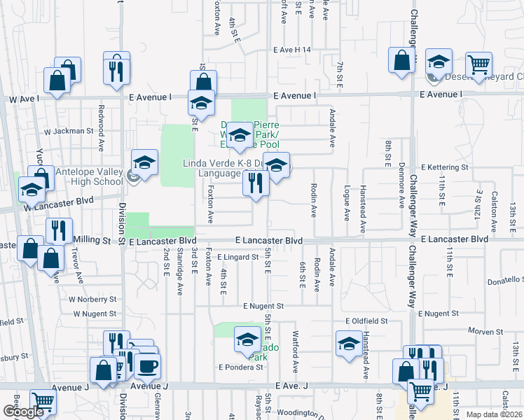 map of restaurants, bars, coffee shops, grocery stores, and more near 44853 5th Street East in Lancaster