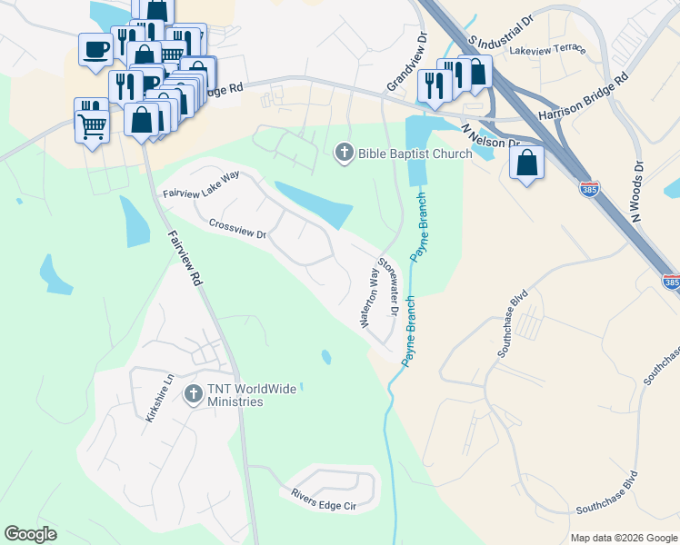 map of restaurants, bars, coffee shops, grocery stores, and more near 607 Fairview Lake Way in Simpsonville