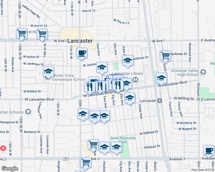 map of restaurants, bars, coffee shops, grocery stores, and more near 44918 Fern Avenue in Lancaster