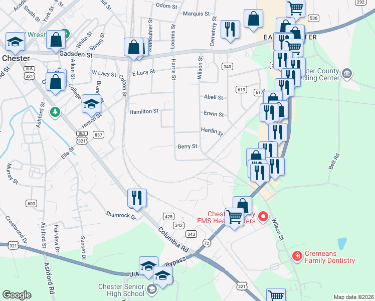 map of restaurants, bars, coffee shops, grocery stores, and more near 176 Harris Street in Chester