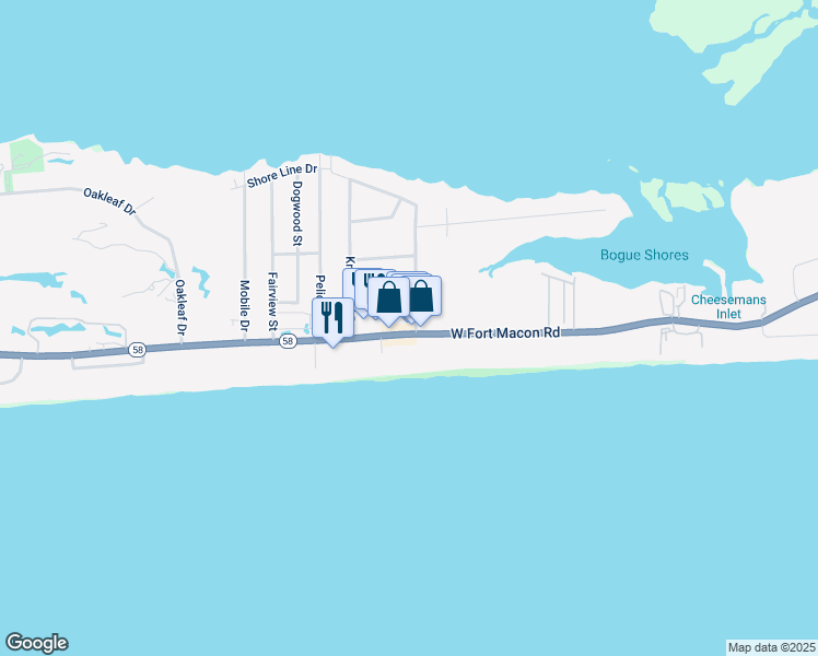 map of restaurants, bars, coffee shops, grocery stores, and more near 2500 West Fort Macon Road in Atlantic Beach
