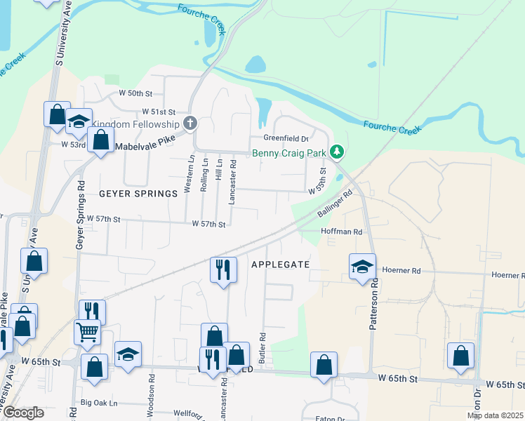 map of restaurants, bars, coffee shops, grocery stores, and more near 5601 Bliss Circle in Little Rock