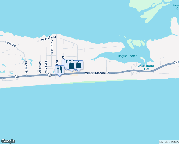 map of restaurants, bars, coffee shops, grocery stores, and more near 2404 West Fort Macon Road in Atlantic Beach