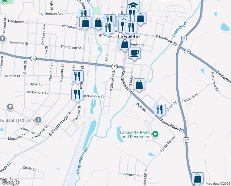 map of restaurants, bars, coffee shops, grocery stores, and more near 600 Crane Street in LaFayette