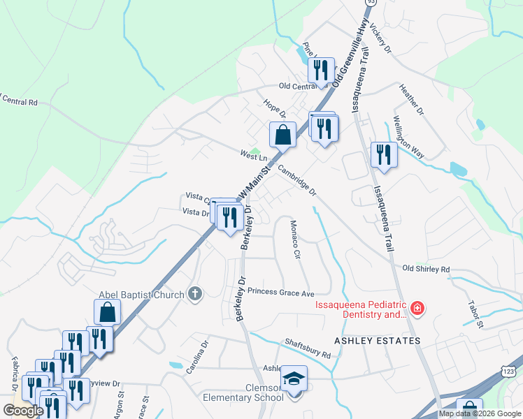 map of restaurants, bars, coffee shops, grocery stores, and more near 205 Monaco Circle in Clemson