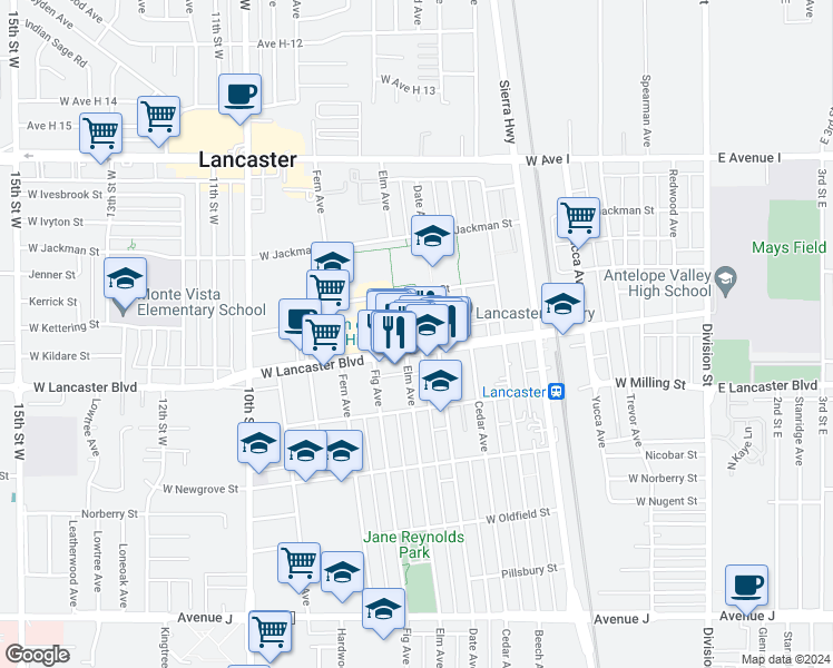 map of restaurants, bars, coffee shops, grocery stores, and more near 659 West Lancaster Boulevard in Lancaster