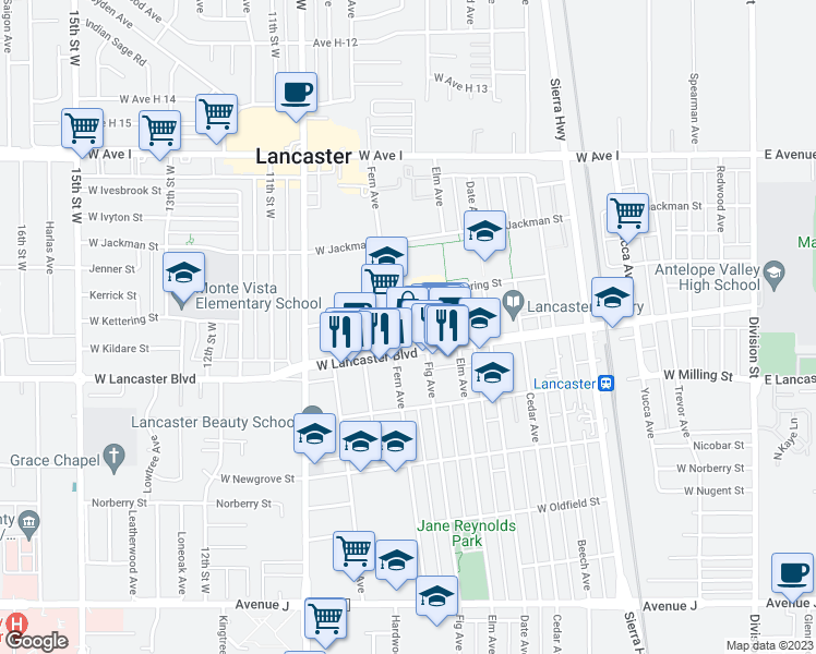 map of restaurants, bars, coffee shops, grocery stores, and more near 801 West Lancaster Boulevard in Lancaster
