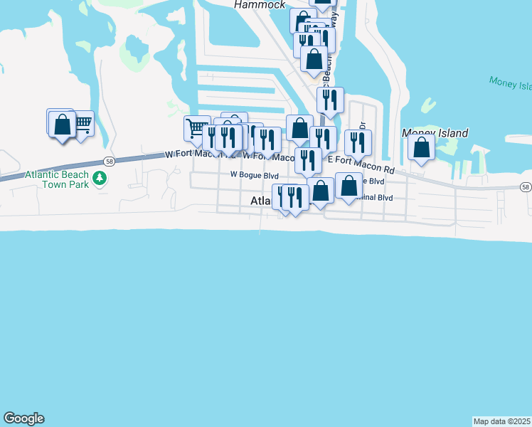 map of restaurants, bars, coffee shops, grocery stores, and more near 215 West Boardwalk Boulevard in Atlantic Beach