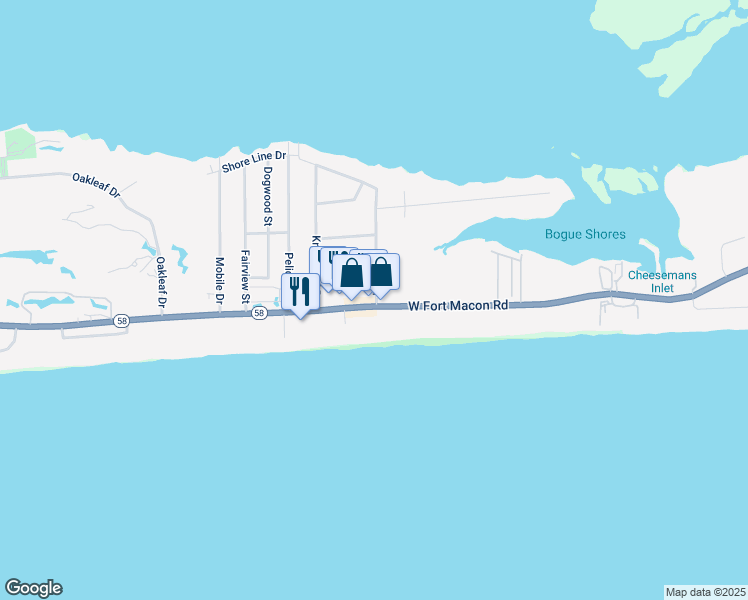 map of restaurants, bars, coffee shops, grocery stores, and more near 2500 West Fort Macon Road in Atlantic Beach