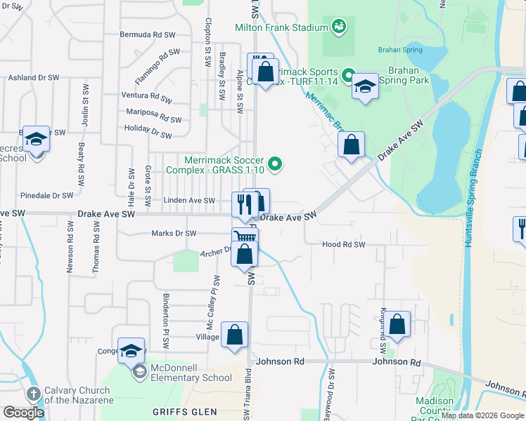map of restaurants, bars, coffee shops, grocery stores, and more near 3115 Drake Avenue Southwest in Huntsville