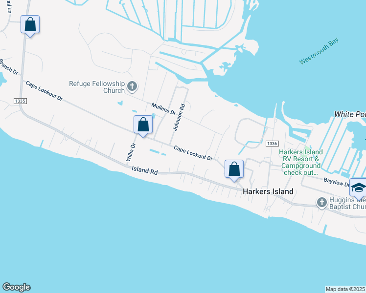 map of restaurants, bars, coffee shops, grocery stores, and more near 451 Cape Lookout Drive in Harkers Island