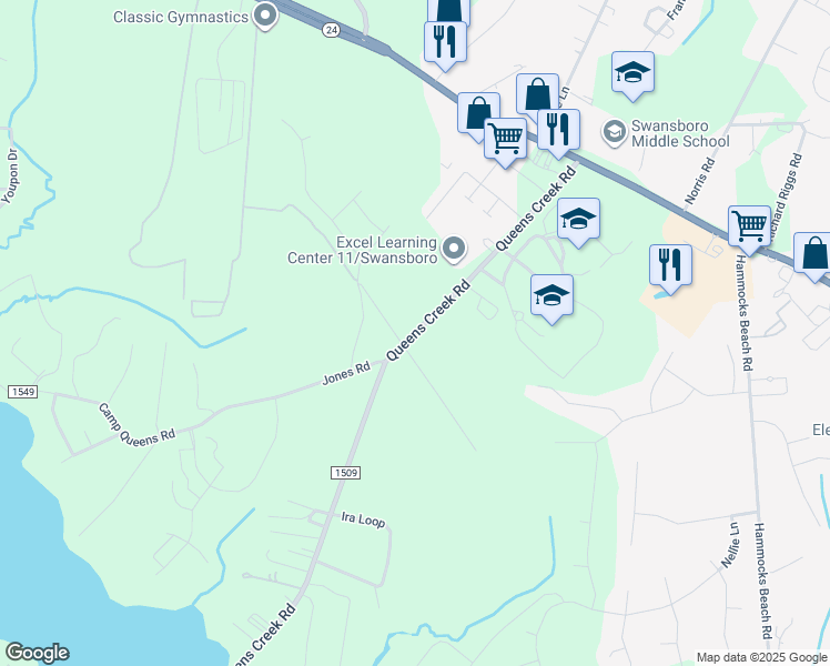 map of restaurants, bars, coffee shops, grocery stores, and more near 159 Queens Creek Road in Swansboro