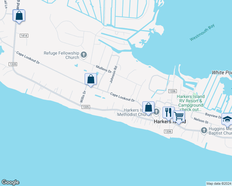 map of restaurants, bars, coffee shops, grocery stores, and more near 451 Cape Lookout Drive in Harkers Island