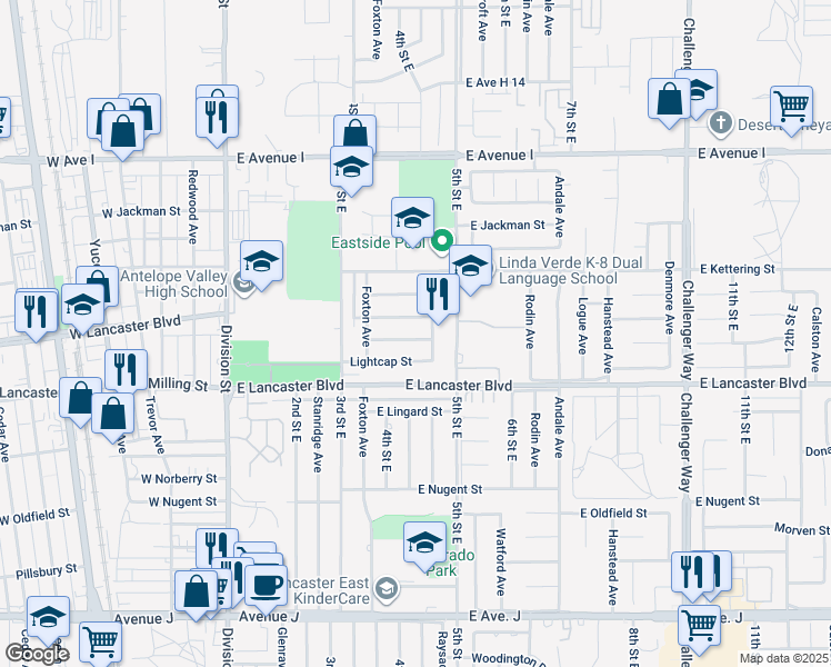 map of restaurants, bars, coffee shops, grocery stores, and more near 423 East Landsford Street in Lancaster