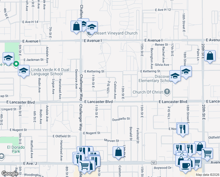 map of restaurants, bars, coffee shops, grocery stores, and more near 44826 12th Street East in Lancaster