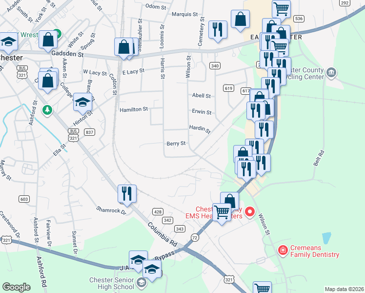 map of restaurants, bars, coffee shops, grocery stores, and more near 176 Harris Street in Chester