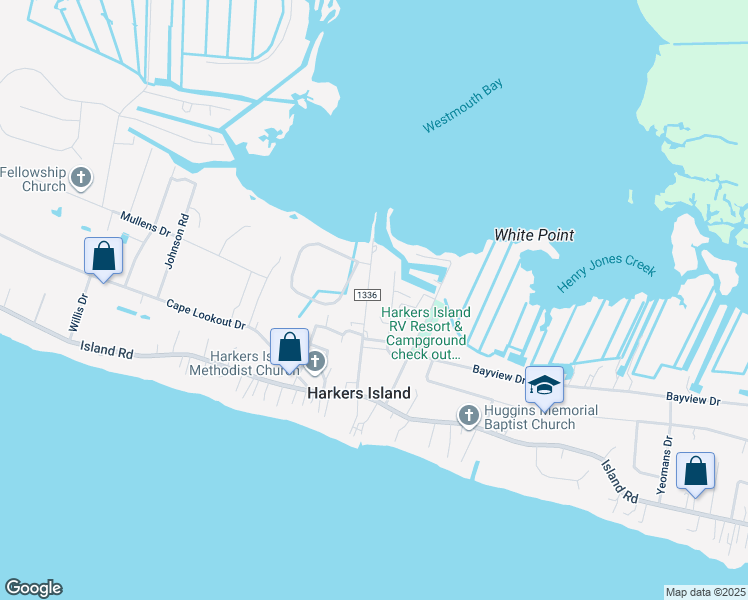 map of restaurants, bars, coffee shops, grocery stores, and more near 196 Old Ferry Dock Road in Harkers Island
