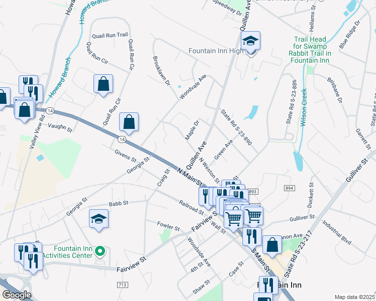 map of restaurants, bars, coffee shops, grocery stores, and more near 105 Quillen Avenue in Fountain Inn