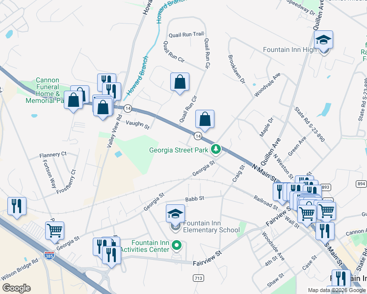 map of restaurants, bars, coffee shops, grocery stores, and more near 201 Givens Street in Fountain Inn