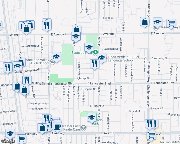 map of restaurants, bars, coffee shops, grocery stores, and more near 423 East Landsford Street in Lancaster