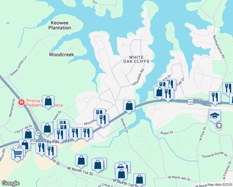 map of restaurants, bars, coffee shops, grocery stores, and more near 301 Oak Branch Court in Seneca