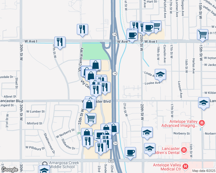 map of restaurants, bars, coffee shops, grocery stores, and more near 44840 Valley Central Way in Lancaster