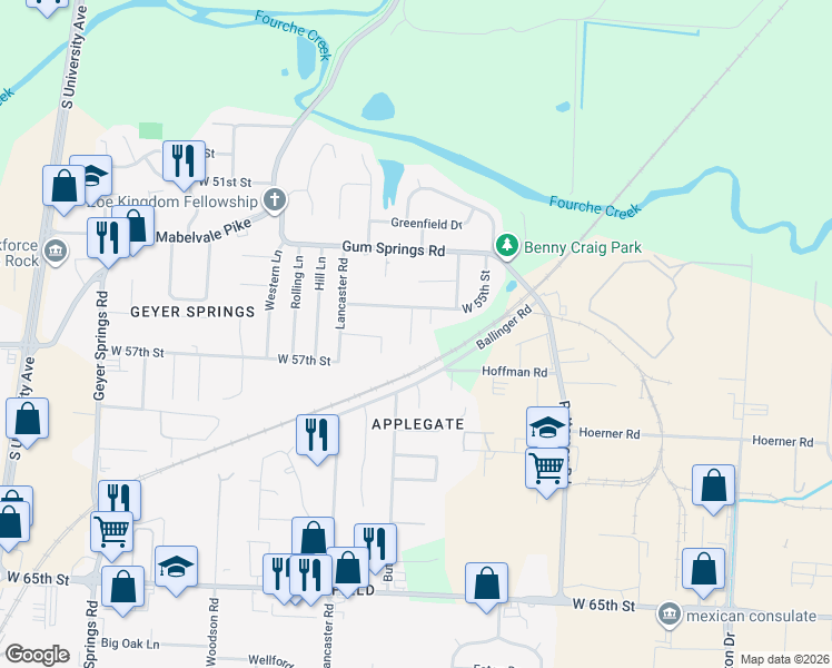 map of restaurants, bars, coffee shops, grocery stores, and more near 5530 Devonshire Court in Little Rock