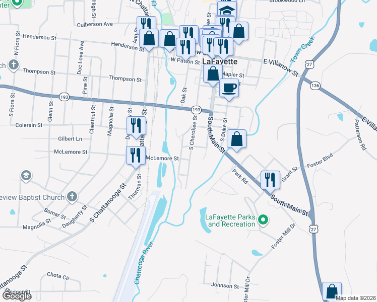 map of restaurants, bars, coffee shops, grocery stores, and more near 600 Crane Street in LaFayette