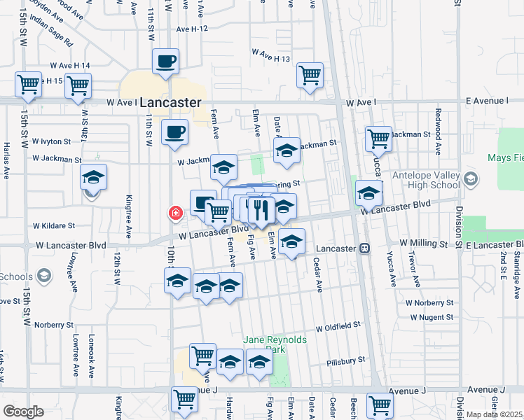 map of restaurants, bars, coffee shops, grocery stores, and more near in Lancaster