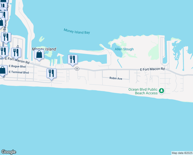 map of restaurants, bars, coffee shops, grocery stores, and more near 204 Dunes Avenue in Atlantic Beach