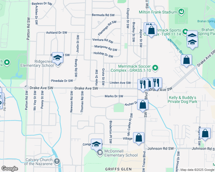 map of restaurants, bars, coffee shops, grocery stores, and more near 3509 Drake Avenue Southwest in Huntsville