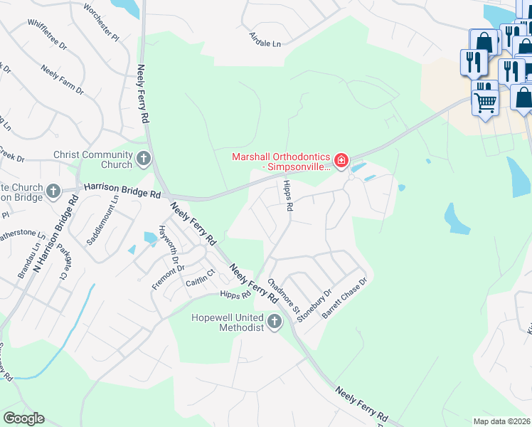 map of restaurants, bars, coffee shops, grocery stores, and more near 116 Hipps Road in Simpsonville
