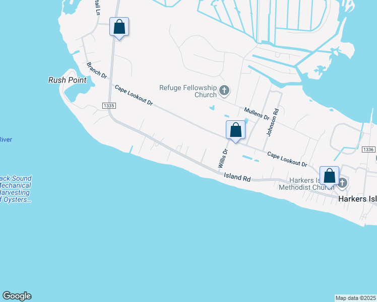 map of restaurants, bars, coffee shops, grocery stores, and more near 621 Island Road in Harkers Island