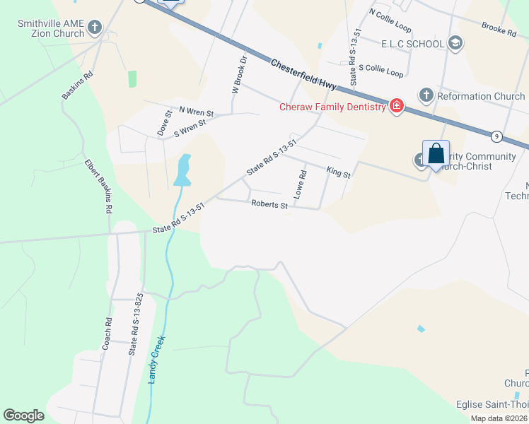 map of restaurants, bars, coffee shops, grocery stores, and more near 196 Roberts Street in Cheraw