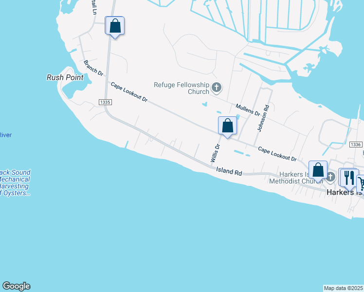 map of restaurants, bars, coffee shops, grocery stores, and more near 621 Island Road in Harkers Island