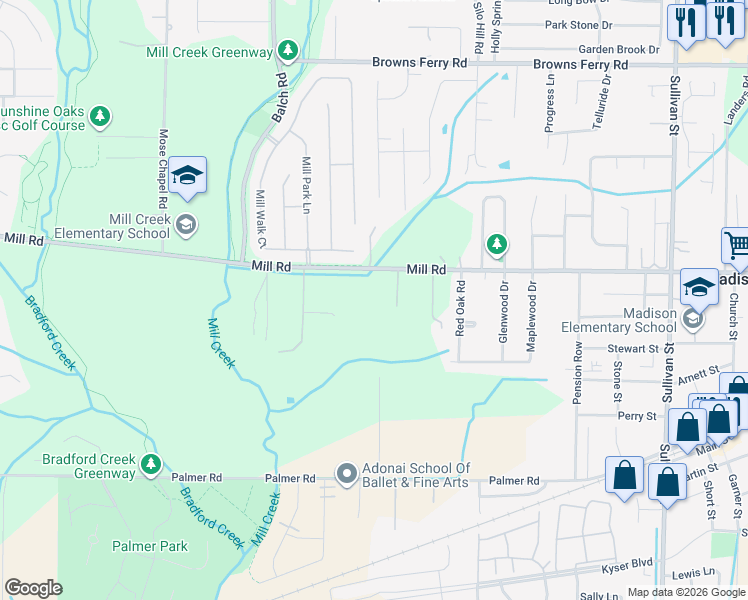 map of restaurants, bars, coffee shops, grocery stores, and more near 526 Mill Road in Madison
